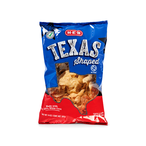 H-E-B Texas Shaped Tortilla Chips in a blue and red 14 oz bag with Texas-shaped chips