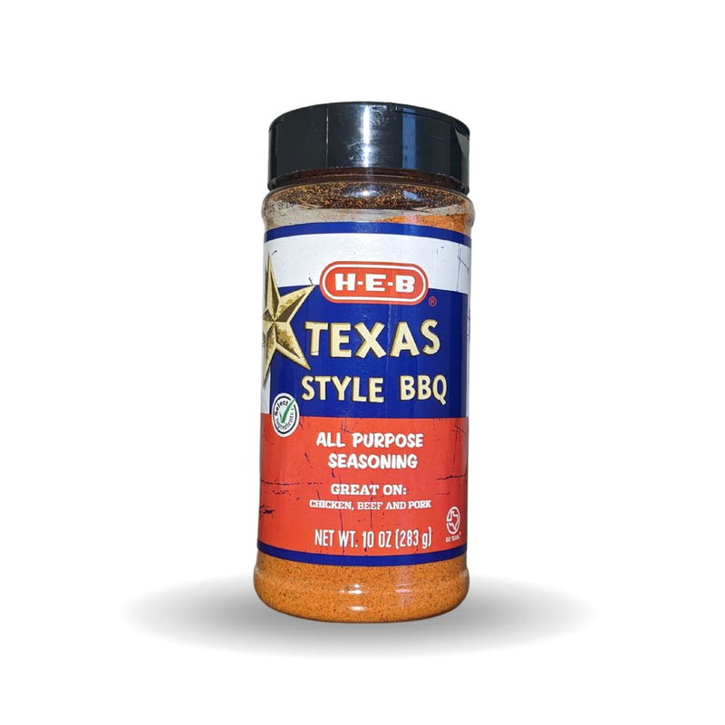 H-E-B Texas Style BBQ All Purpose Seasoning in a 10 oz shaker jar with black lid, great on chicken, beef and pork
