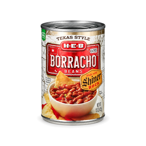H-E-B Texas Style Borracho Beans made with Shiner Bock in a 15 oz can, pinto beans with tomatoes and jalapeños