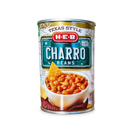 H-E-B Texas Style Charro Beans in a can, seasoned pinto beans with tomatoes and peppers, a classic Tex-Mex side dish