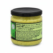 H-E-B That Green Sauce Medium in an 11 oz glass jar, side label with nutrition facts and ingredients, 40 calories per serving