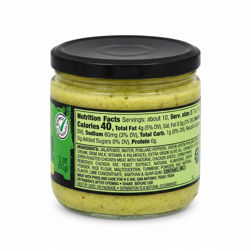 H-E-B That Green Sauce Medium in an 11 oz glass jar, side label with nutrition facts and ingredients, 40 calories per serving