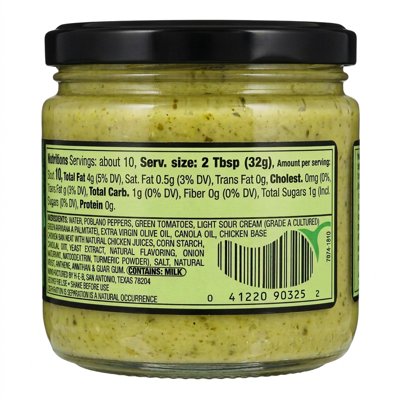 H-E-B That Green Sauce Medium in a glass jar, back label with ingredients, nutrition facts, and a milk allergen note
