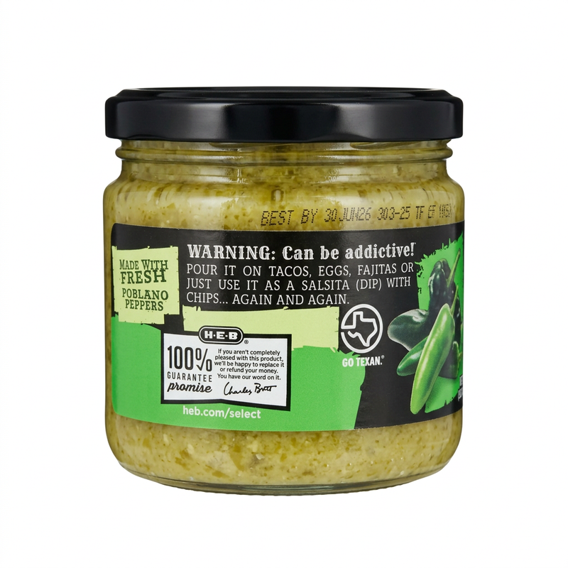 H-E-B That Green Sauce Medium side label noting fresh poblano peppers, for tacos, eggs, fajitas, or dipping chips