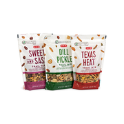 H-E-B Sweet and Sassy, Dill Pickle and Texas Heat trail mix pouches grouped together