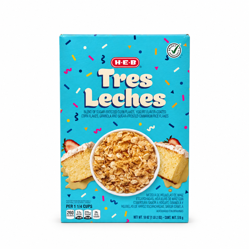 H-E-B Tres Leches cereal, 18 oz light blue box with confetti and a bowl of flakes, front view