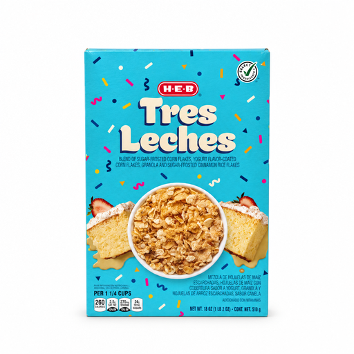 H-E-B Tres Leches cereal, 18 oz light blue box with confetti and a bowl of flakes, front view