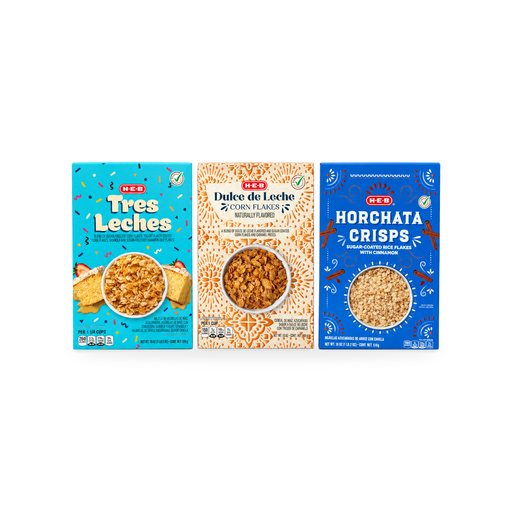 H-E-B Tres Leches, Dulce de Leche Corn Flakes and Horchata Crisps cereal boxes side by side