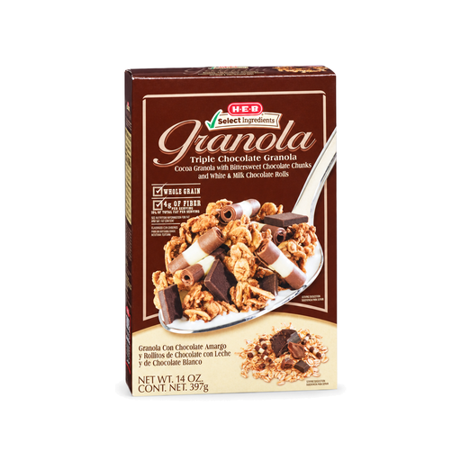 H-E-B Triple Chocolate Granola, 14 oz brown box with a bowl of chocolate granola, front view