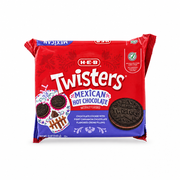 H-E-B Twisters Mexican Hot Chocolate sandwich cookies, red package with a sugar skull design