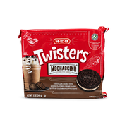 H-E-B Twisters Mochaccino sandwich cookies, red and brown package with an iced coffee drink