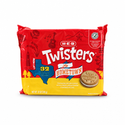 H-E-B Twisters My Hometown sandwich cookies, red and yellow package with Texas map design