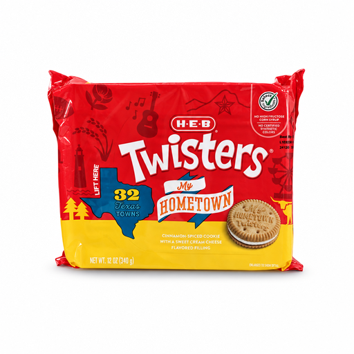 H-E-B Twisters My Hometown sandwich cookies, red and yellow package with Texas map design