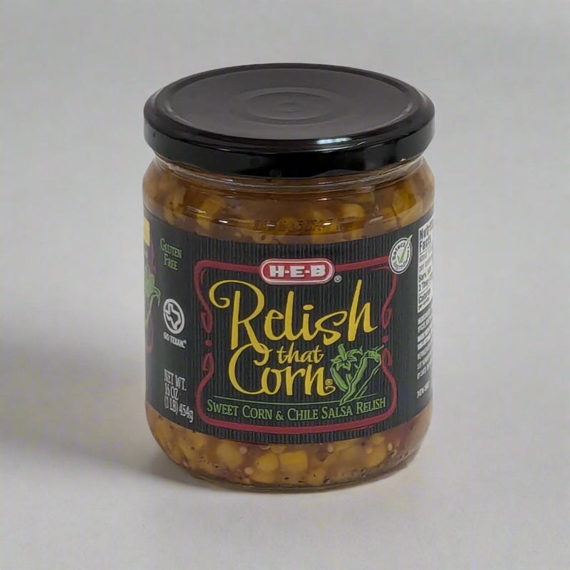 a 16 oz jar of relish that corn from H.E.B