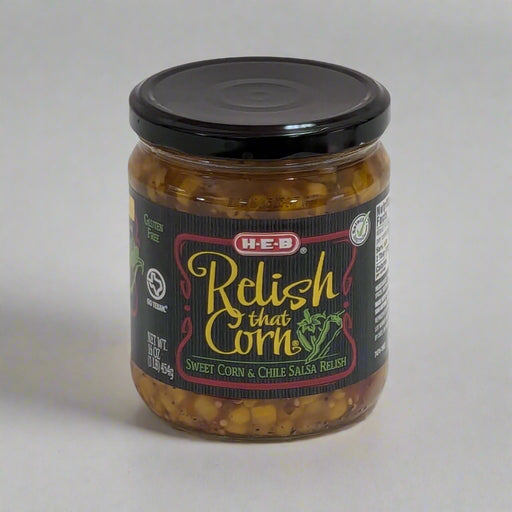 a 16 oz jar of relish that corn from H.E.B