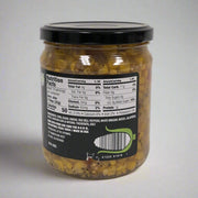 Back view of H-E-B Sweet Corn & Chile Salsa Relish jar showing nutrition facts and ingredient list