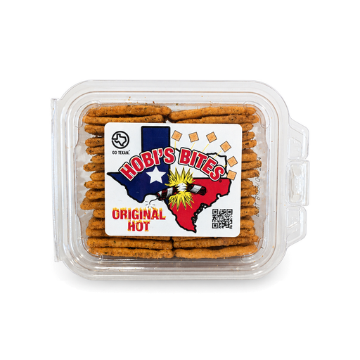 Hobi's Bites Original Hot seasoned crackers in a clear container with a Texas flag map label, a spicy GO TEXAN snack