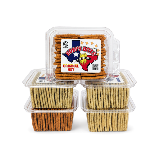 Hobi's Bites seasoned crackers in five stacked clear containers, including Original Hot, a GO TEXAN snack