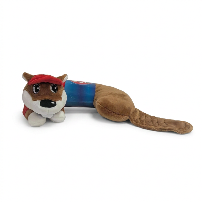 Buc-ee’s Travel Pal Neck Pillow laid flat, showing the beaver’s face with embroidered eyes, white paws, and long tail