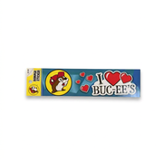 I Love Buc-ee’s bumper sticker with beaver logo, floating red hearts, and a heart symbol for love on a blue background