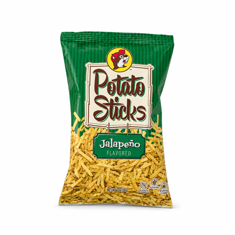 Dark green bag of Buc-ee's Jalapeño Potato Sticks