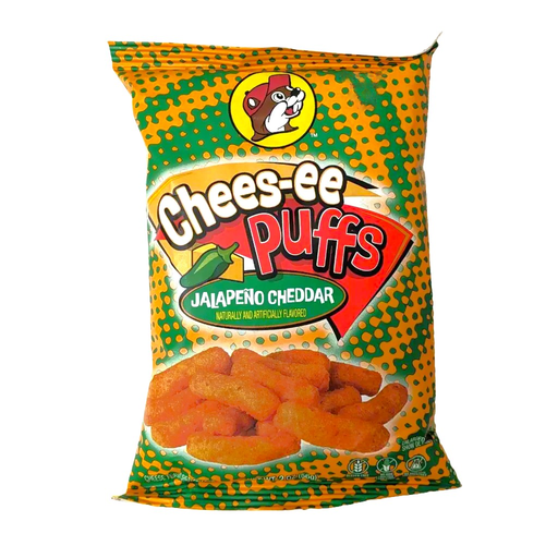 Green bag of Buc-ee's Chees-ee Puffs in Jalapeño Cheddar flavor, front view on white