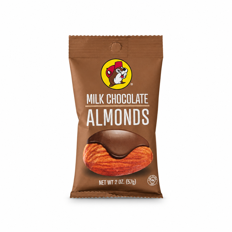 Brown snack pouch of Buc-ee's Milk Chocolate Almonds