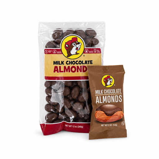 Large bag and small pouch of Buc-ee's Milk Chocolate Almonds