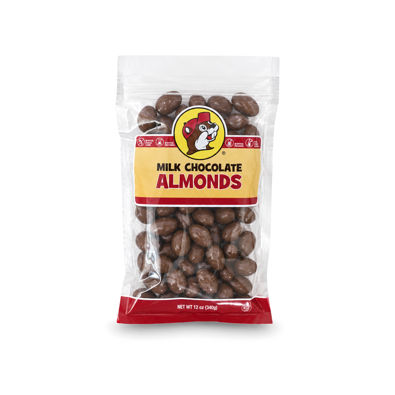 Clear bag of Buc-ee's Milk Chocolate Almonds, front view
