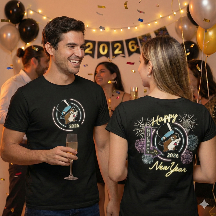 Two people wearing black t-shirts with New Year designs, surrounded by festive decorations and balloons.