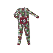 Buc-ee's holiday nutcracker print onesie pajamas with drop-seat flap on white