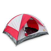 Buc-ee’s 3 person tent with door rolled open, showing the interior with red inner walls and dark floor