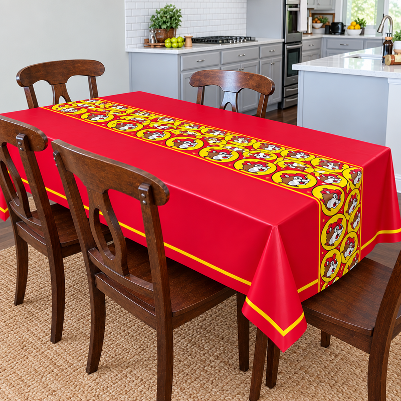 Dining table with a red Buc-ee's party table cover and logo print runner