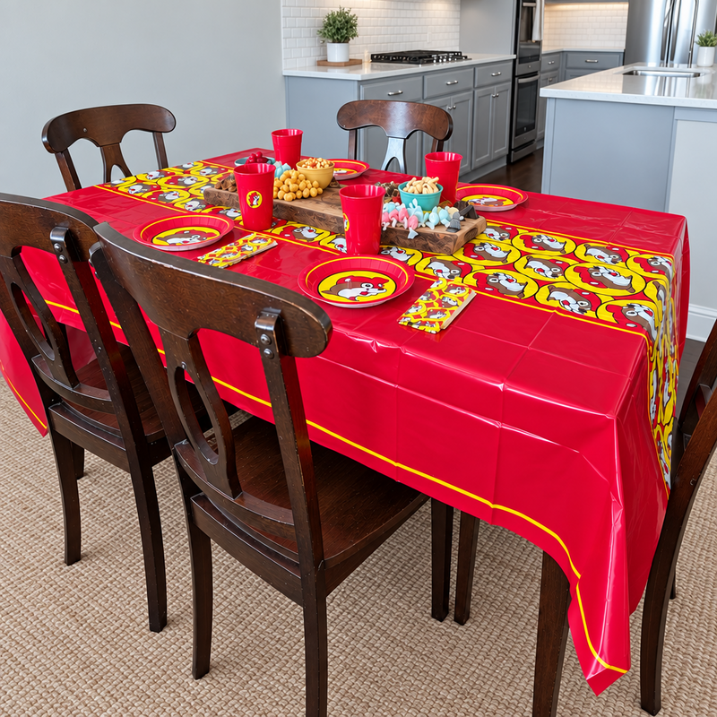 Dining table set for a party with the red Buc-ee's table cover and logo tableware
