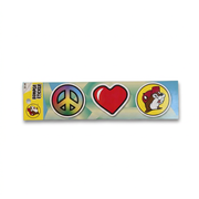 Peace Love Buc-ee’s bumper sticker with a rainbow peace sign, red heart, and yellow beaver logo in a row