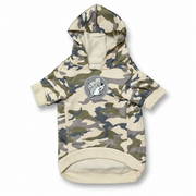 Camo pet hoodie with gray Buc-ee the Beaver logo patch, front view on white