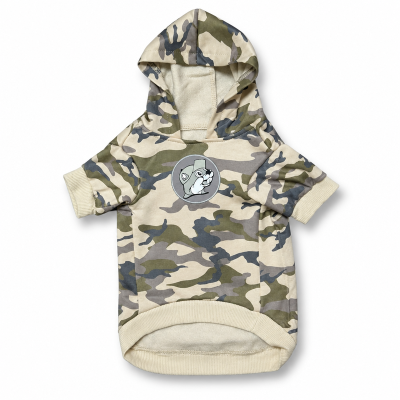 Camo pet hoodie with gray Buc-ee the Beaver logo patch, front view on white