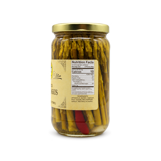 Back of the Buc-ee's Pickled Asparagus jar showing nutrition facts