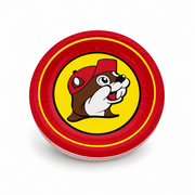 Red Buc-ee's party lunch plate with Buc-ee the Beaver logo on white