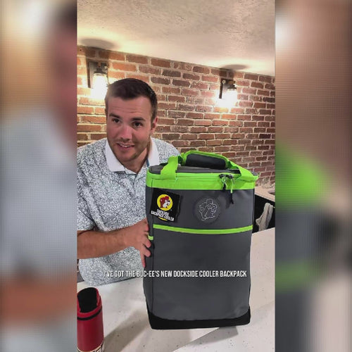 Buc-ee's Dockside backpack cooler review highlighting its bag design, interior storage space, and built-in bottle cap opener.
