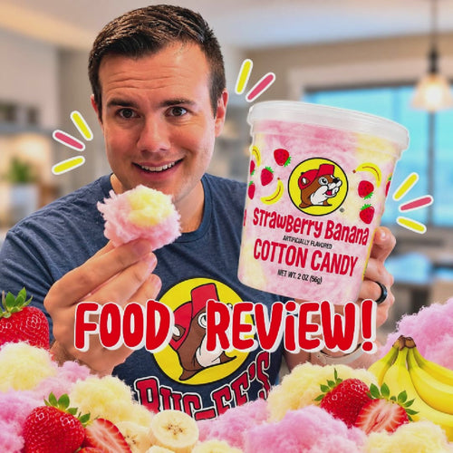 Buc-ee’s Strawberry Banana Cotton Candy review featuring individual taste tests of both flavors, followed by a combined strawberry and banana flavor taste test