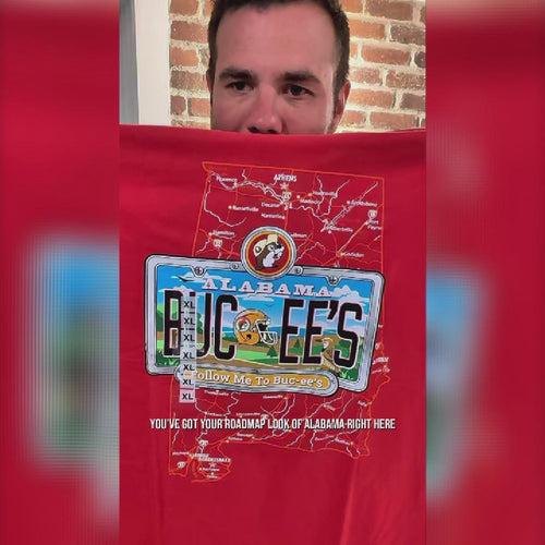 Alabama state shirt review featuring a red design with an Alabama map, local landmarks, and football-themed graphics.