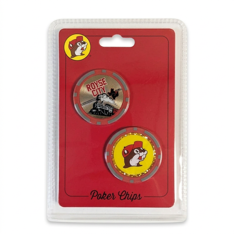 Buc-ee’s Royse City, TX Collectible Poker Chips 2-pack with a gold steam locomotive design chip and a beaver logo chip
