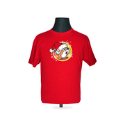 Red baby Christmas T-shirt with Santa Buc-ee in a gold circle with snowflakes on the chest, front view