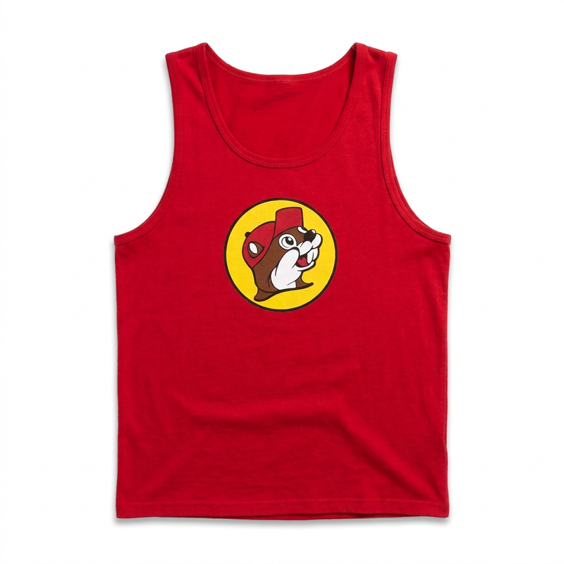 Buc-ee’s Red Logo Tank, sleeveless scoop-neck top with large yellow beaver logo on the chest