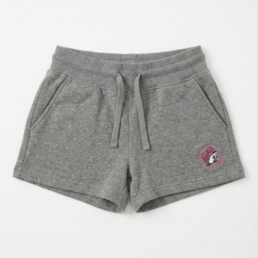 Gray shorts with a small logo on a white background