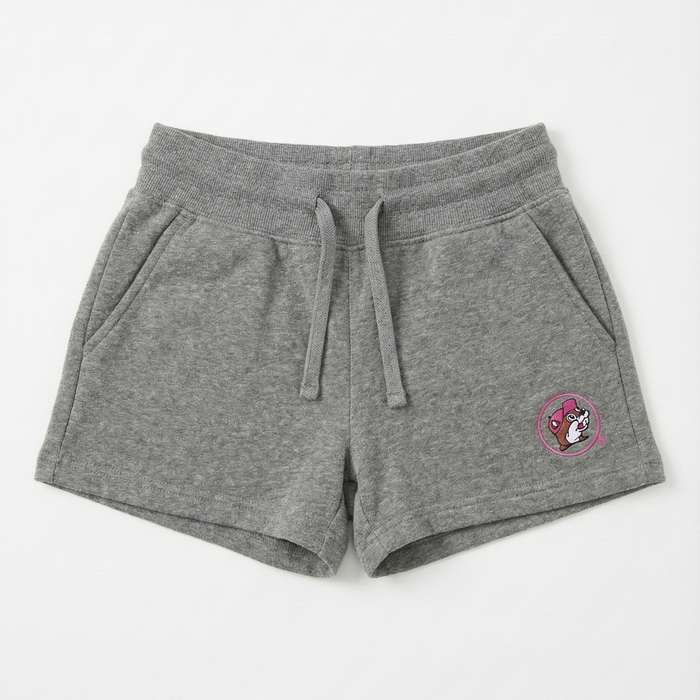 Gray shorts with a small logo on a white background