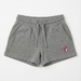 Gray shorts with a small logo on a white background