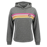 Gray hoodie with colorful stripe design on a white background