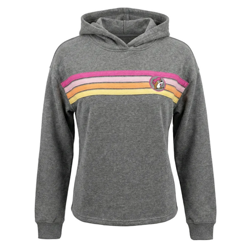 Gray hoodie with colorful stripe design on a white background
